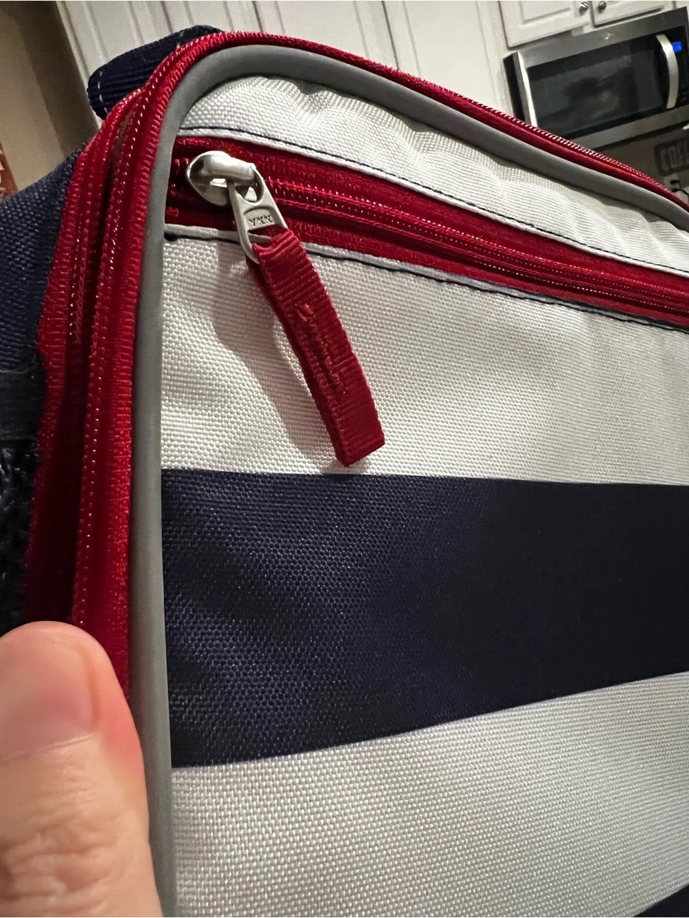 Pottery Barn Kids Navy & White Striped Lunch Bag with Red Trim
